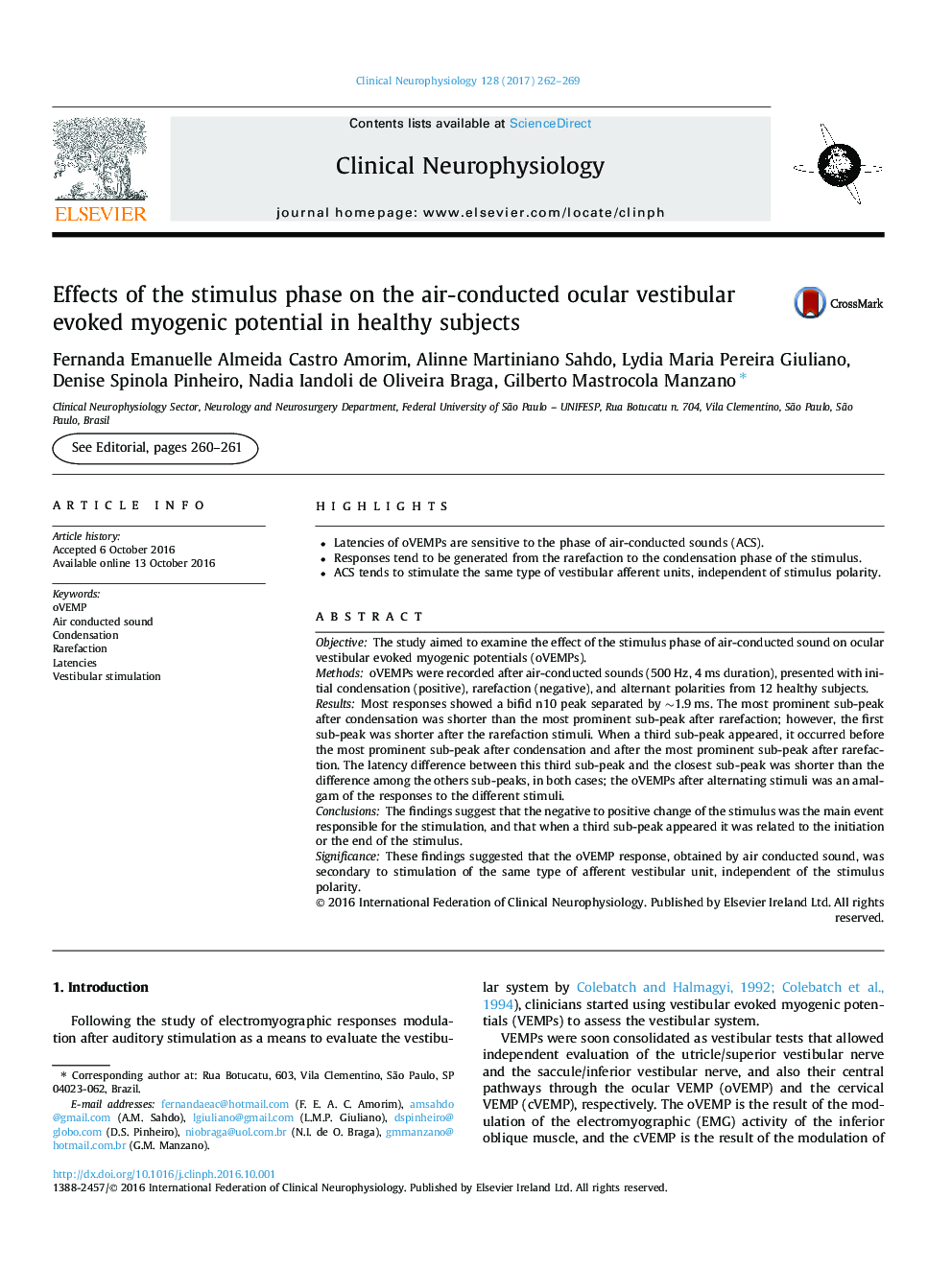 Effects of the stimulus phase on the air-conducted ocular vestibular evoked myogenic potential in healthy subjects