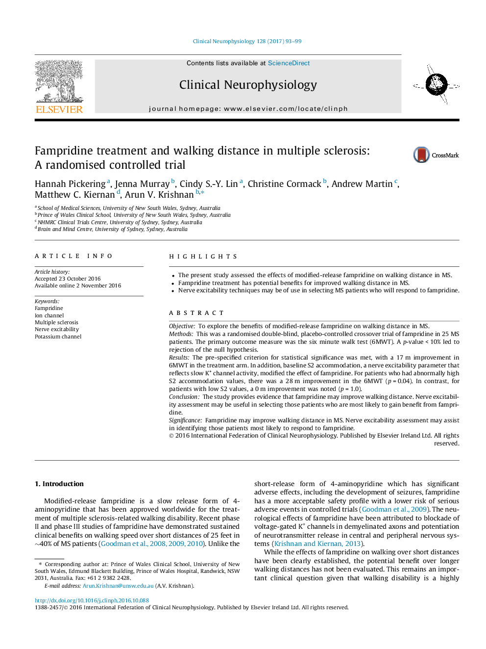 Fampridine treatment and walking distance in multiple sclerosis: A randomised controlled trial