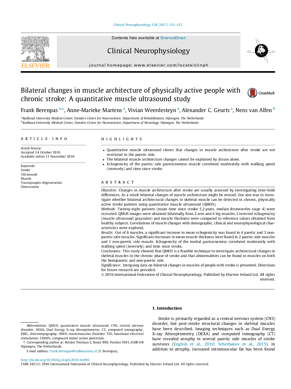 Bilateral changes in muscle architecture of physically active people with chronic stroke: A quantitative muscle ultrasound study