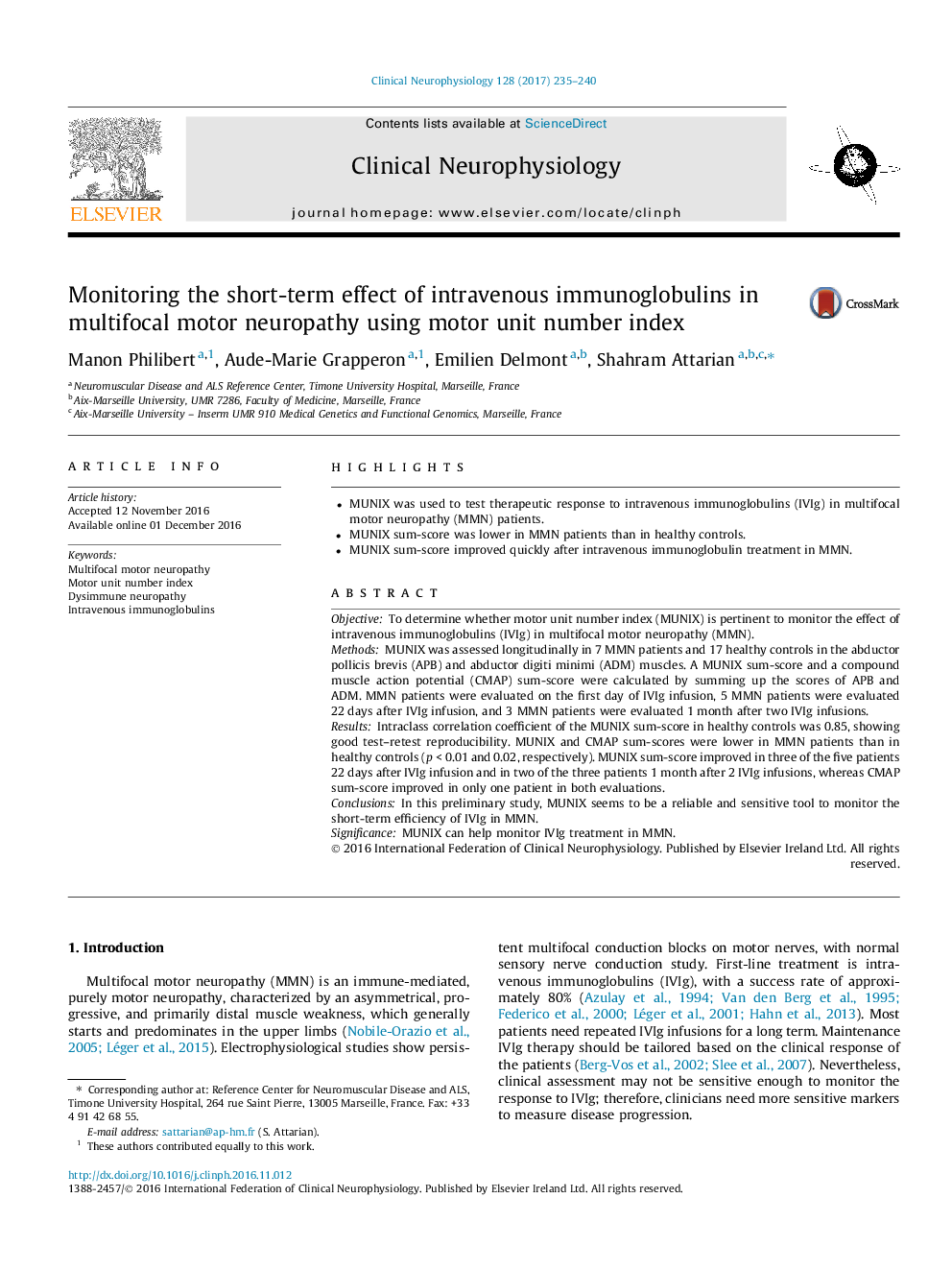 Monitoring the short-term effect of intravenous immunoglobulins in multifocal motor neuropathy using motor unit number index