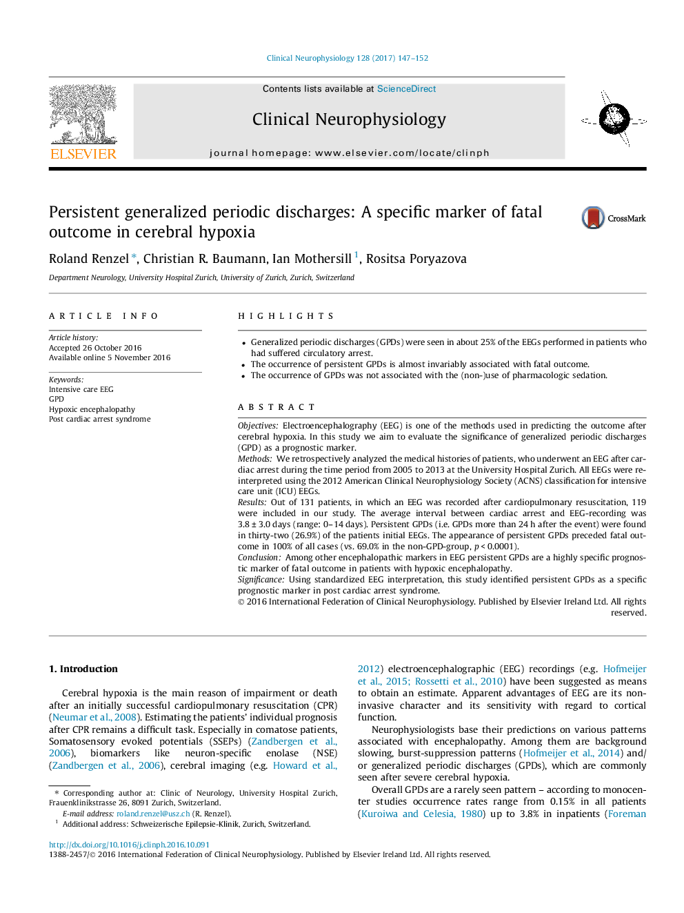 Persistent generalized periodic discharges: A specific marker of fatal outcome in cerebral hypoxia