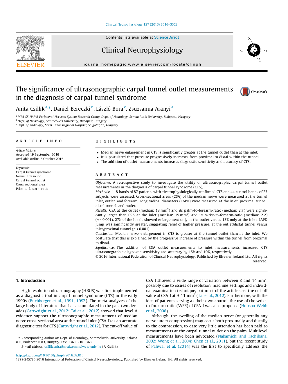 The significance of ultrasonographic carpal tunnel outlet measurements in the diagnosis of carpal tunnel syndrome