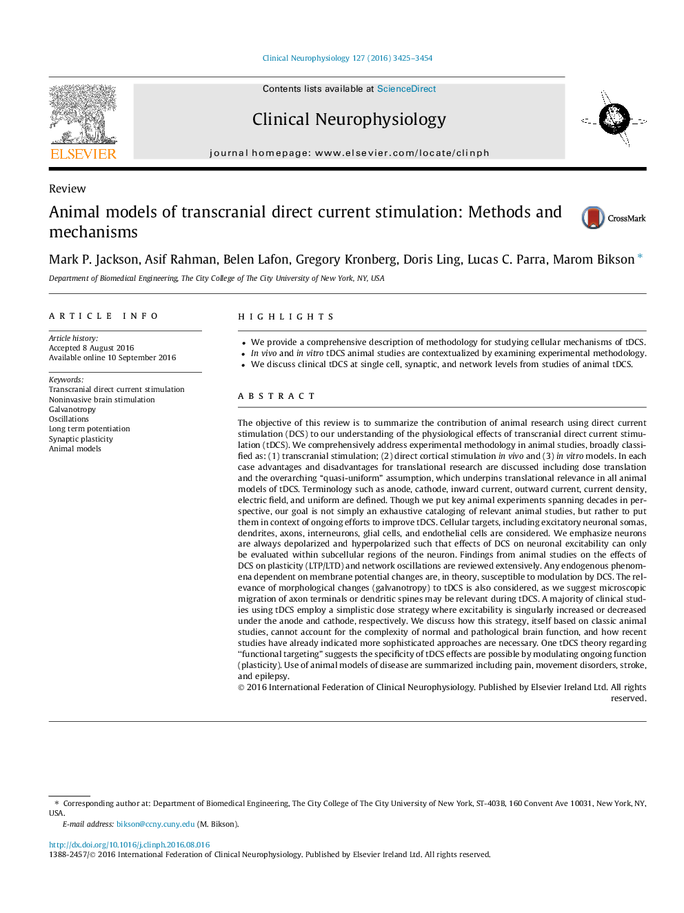 ReviewAnimal models of transcranial direct current stimulation: Methods and mechanisms