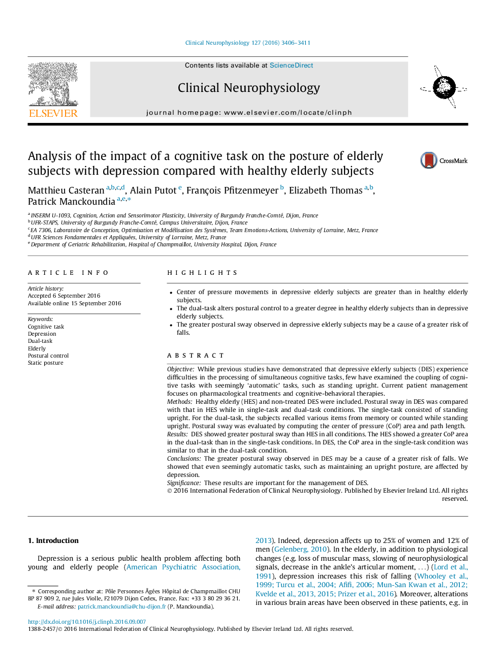 Analysis of the impact of a cognitive task on the posture of elderly subjects with depression compared with healthy elderly subjects