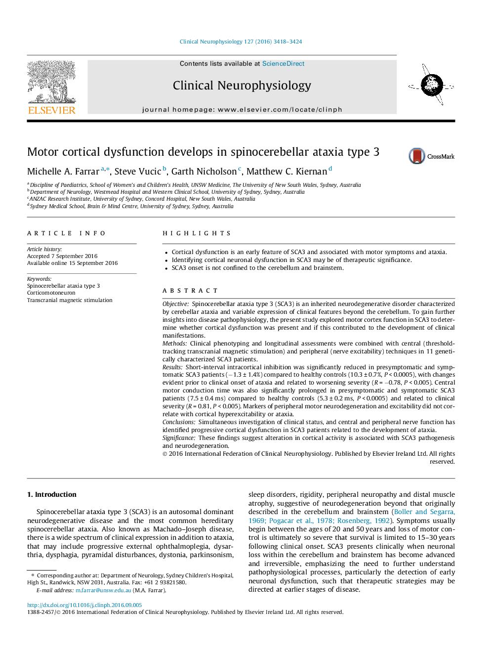 Motor cortical dysfunction develops in spinocerebellar ataxia type 3