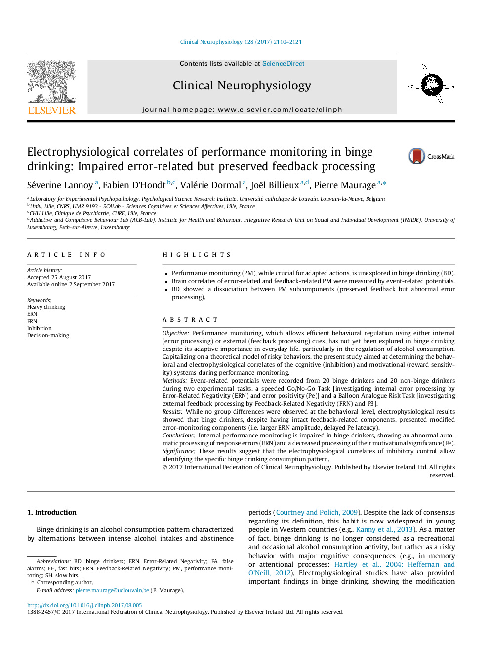 Electrophysiological correlates of performance monitoring in binge drinking: Impaired error-related but preserved feedback processing