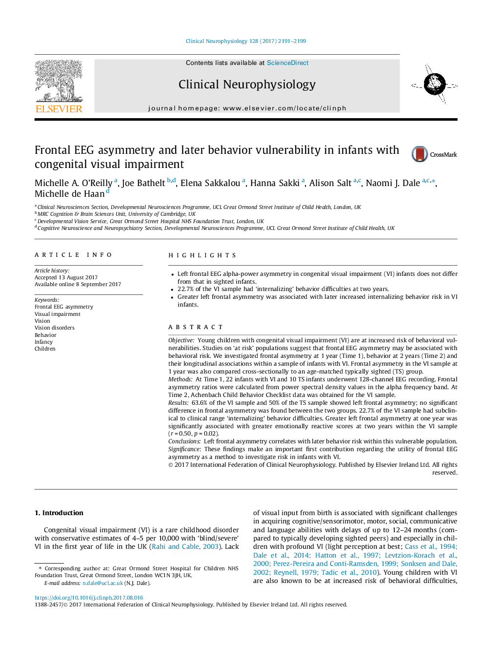 Frontal EEG asymmetry and later behavior vulnerability in infants with congenital visual impairment