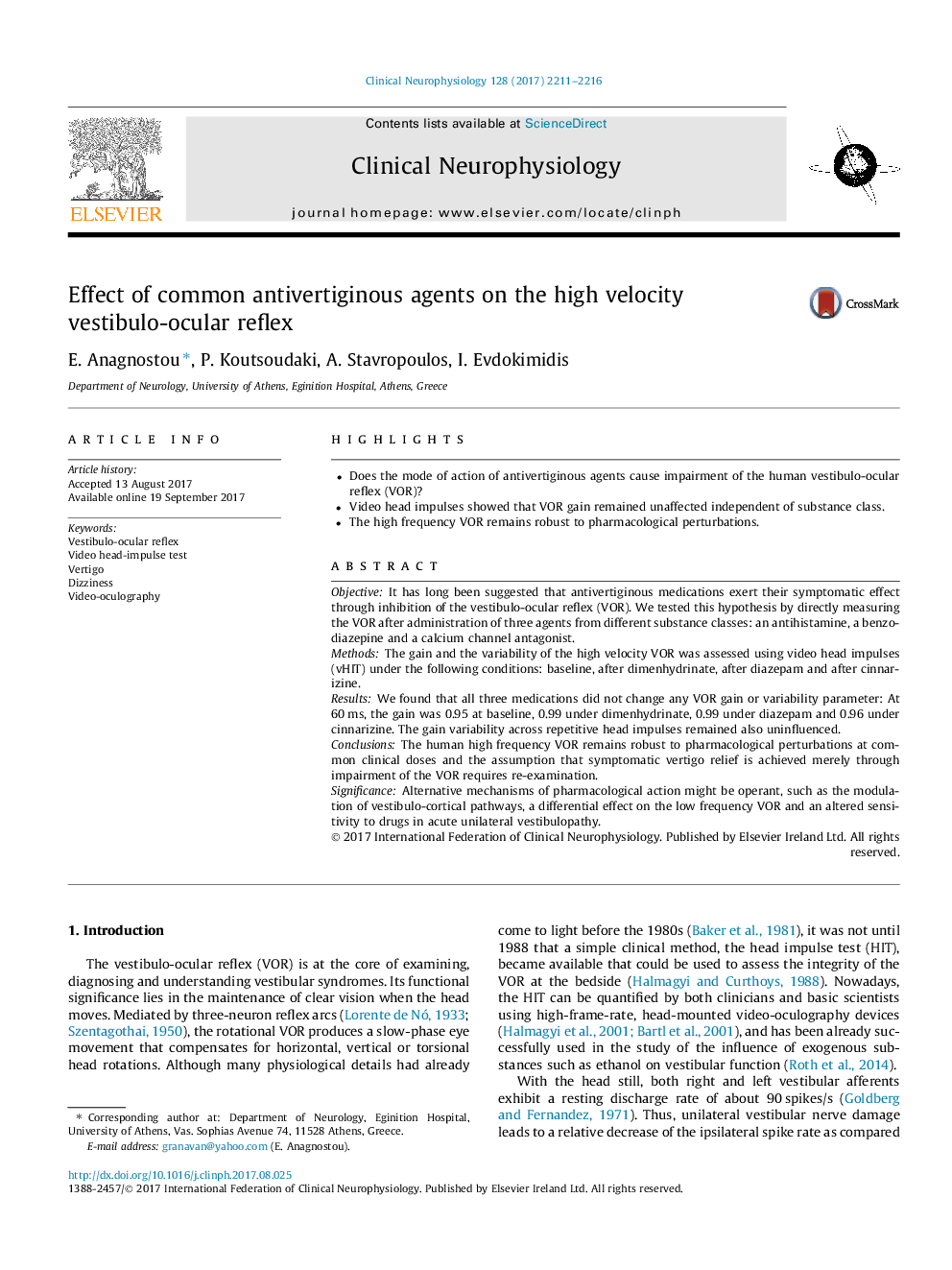 Effect of common antivertiginous agents on the high velocity vestibulo-ocular reflex