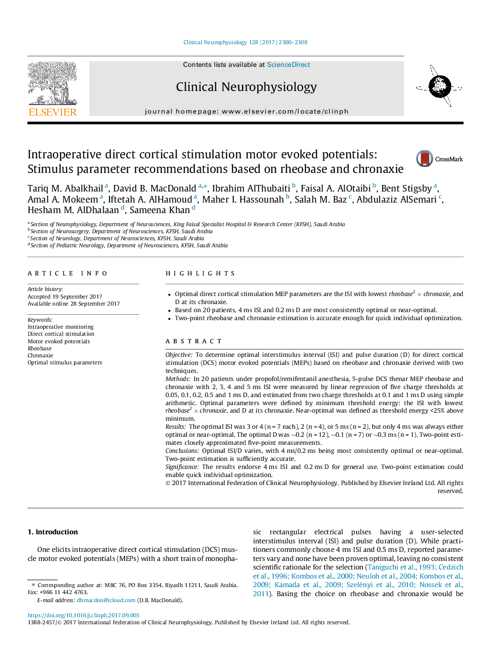 Intraoperative direct cortical stimulation motor evoked potentials: Stimulus parameter recommendations based on rheobase and chronaxie