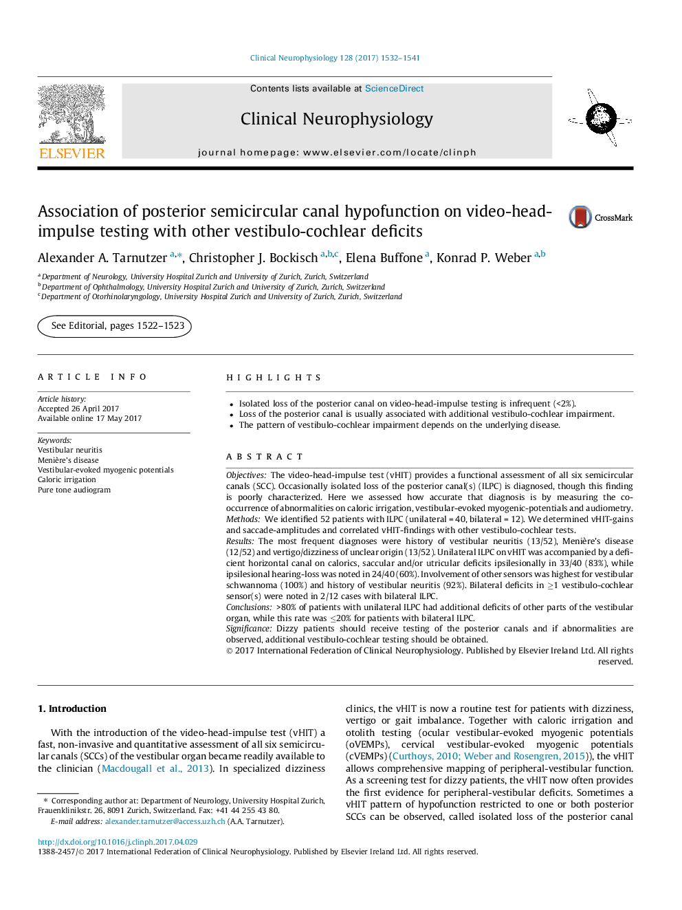 Association of posterior semicircular canal hypofunction on video-head-impulse testing with other vestibulo-cochlear deficits