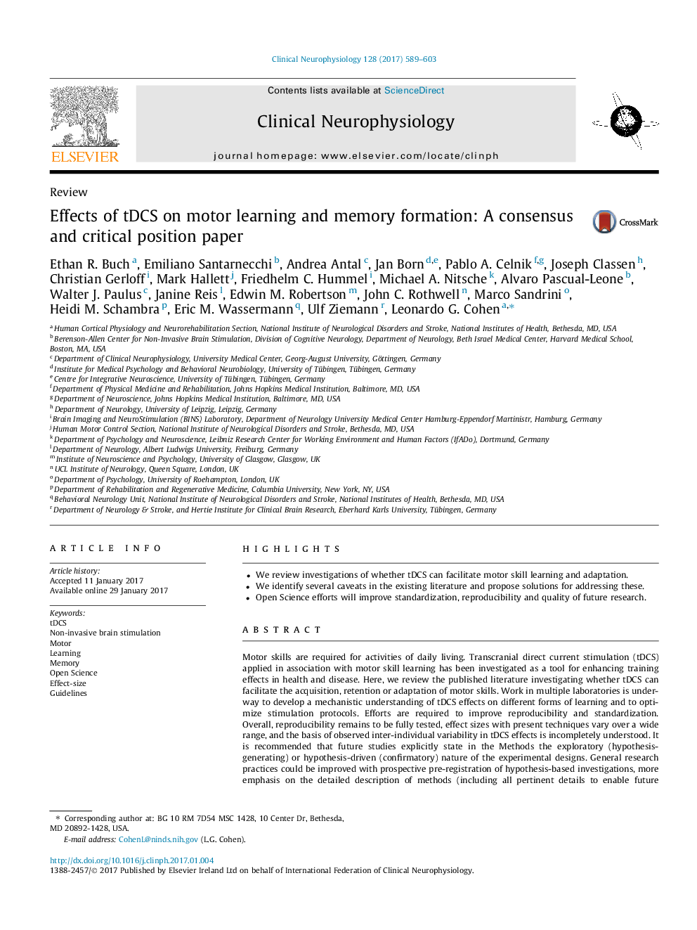 ReviewEffects of tDCS on motor learning and memory formation: A consensus and critical position paper