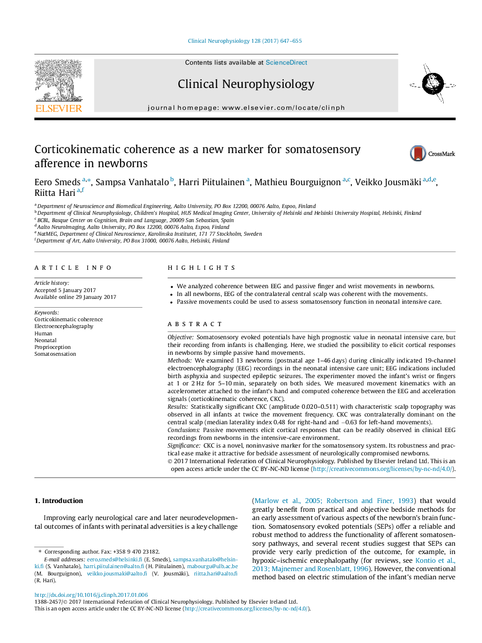 Corticokinematic coherence as a new marker for somatosensory afference in newborns