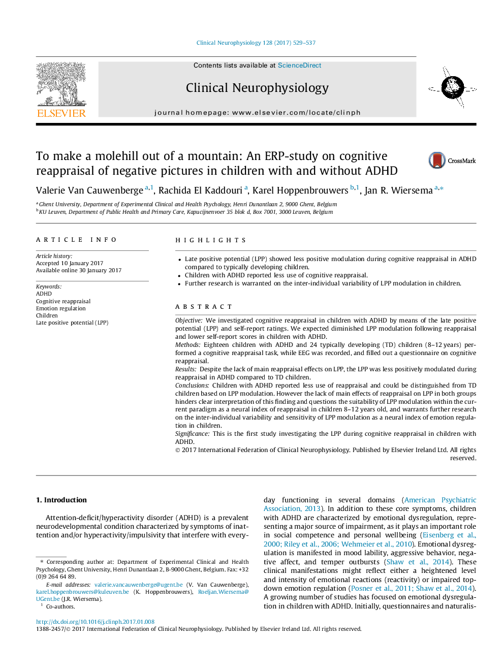 To make a molehill out of a mountain: An ERP-study on cognitive reappraisal of negative pictures in children with and without ADHD