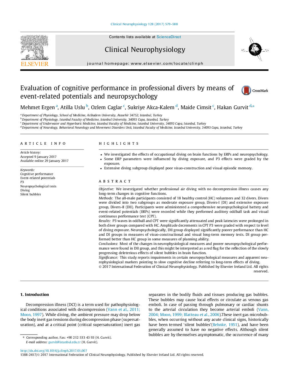 Evaluation of cognitive performance in professional divers by means of event-related potentials and neuropsychology