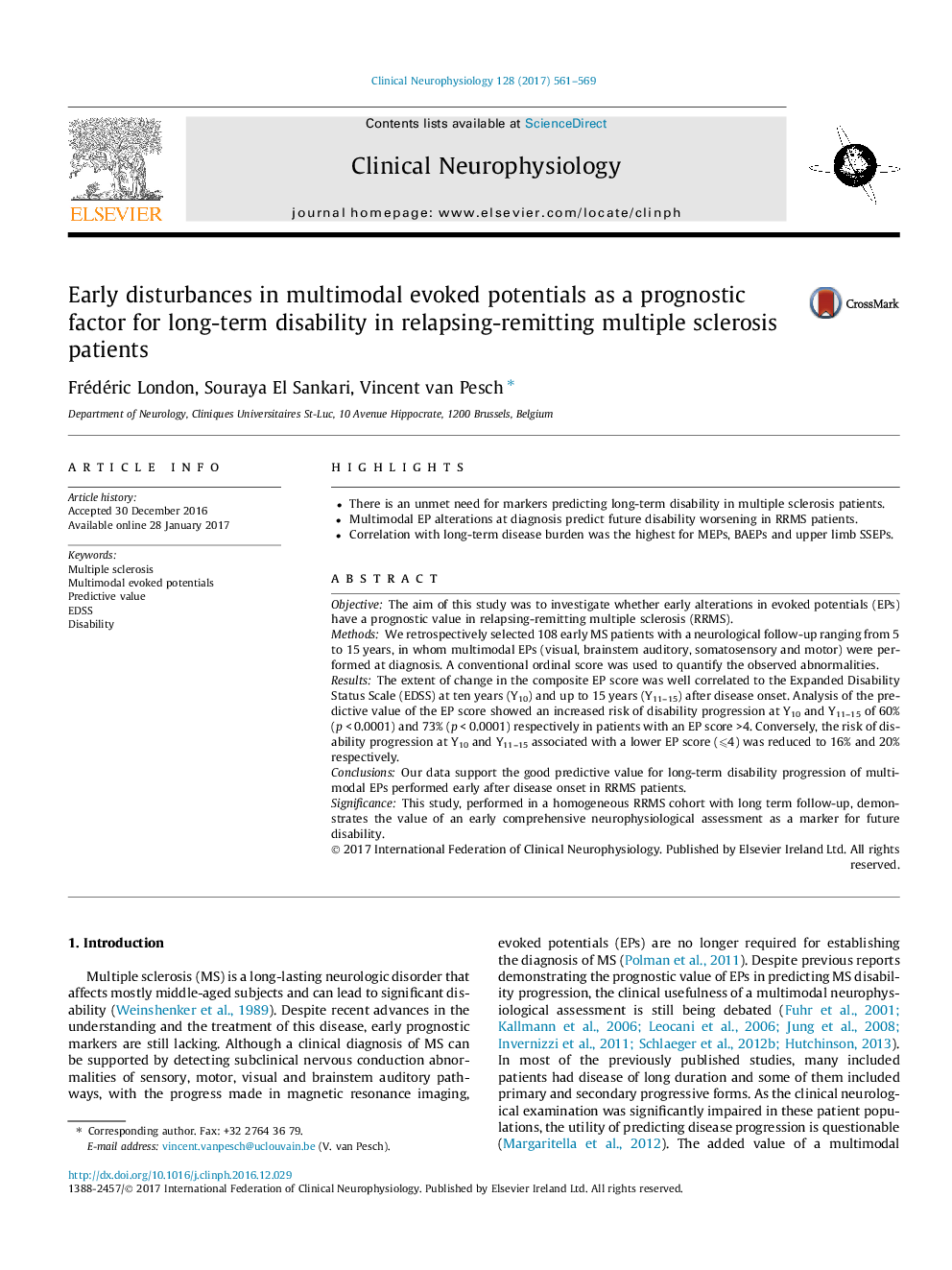 Early disturbances in multimodal evoked potentials as a prognostic factor for long-term disability in relapsing-remitting multiple sclerosis patients