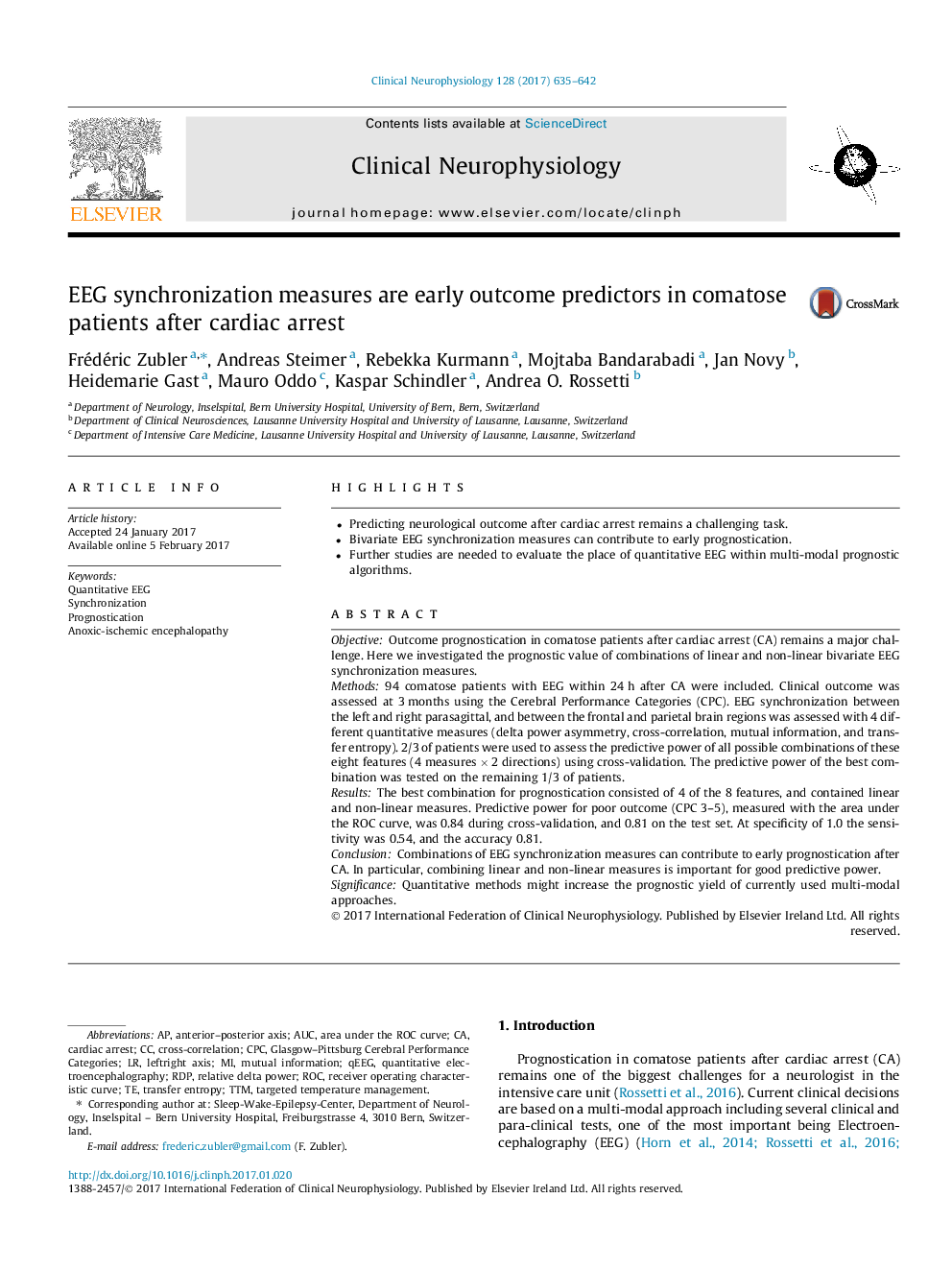 EEG synchronization measures are early outcome predictors in comatose patients after cardiac arrest