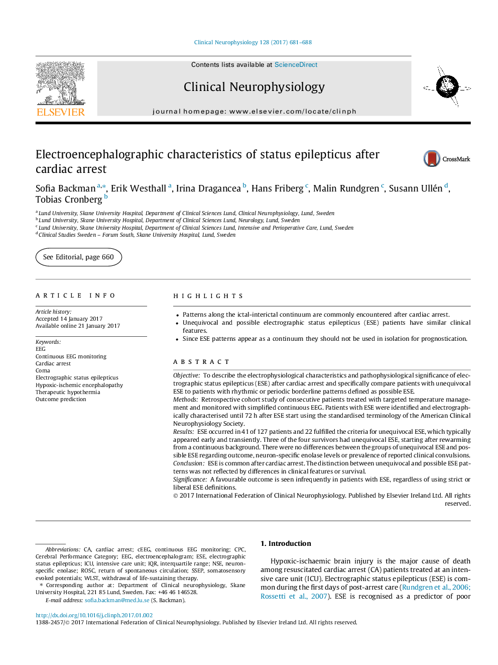 Electroencephalographic characteristics of status epilepticus after cardiac arrest