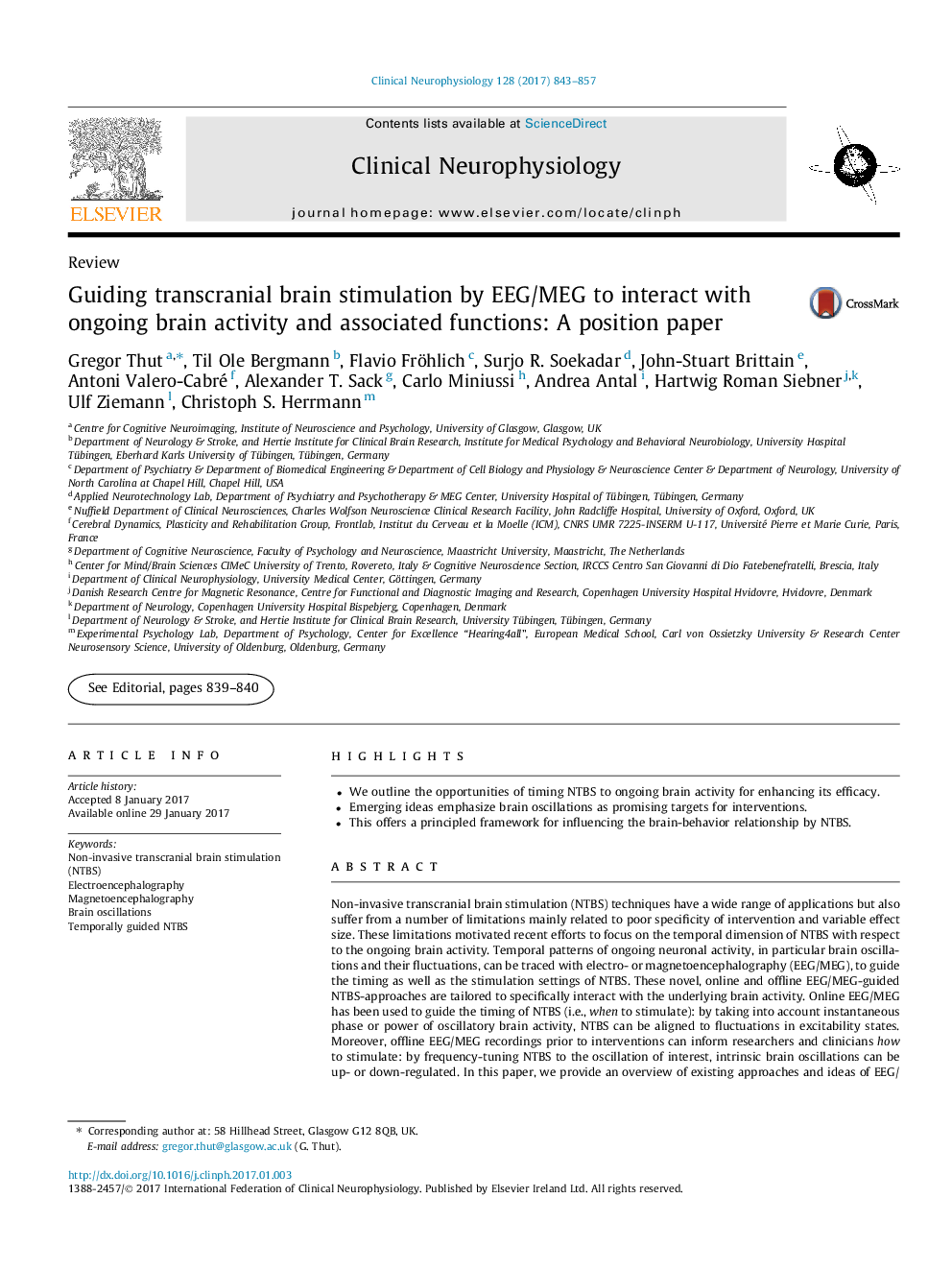 ReviewGuiding transcranial brain stimulation by EEG/MEG to interact with ongoing brain activity and associated functions: A position paper