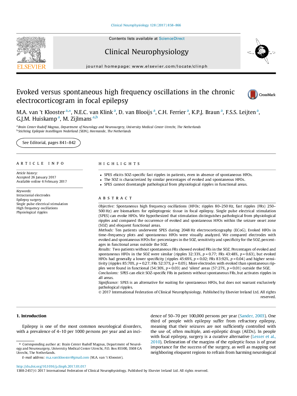 Evoked versus spontaneous high frequency oscillations in the chronic electrocorticogram in focal epilepsy