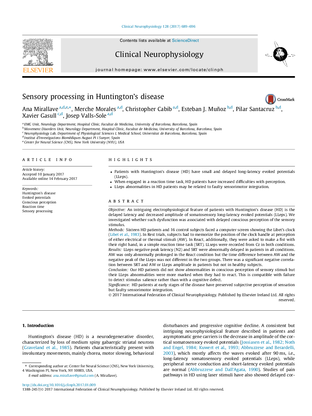 Sensory processing in Huntington's disease