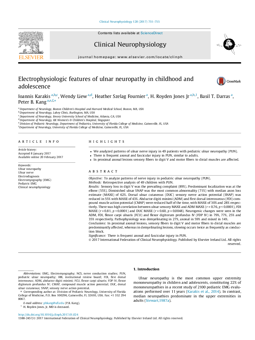 Electrophysiologic features of ulnar neuropathy in childhood and adolescence