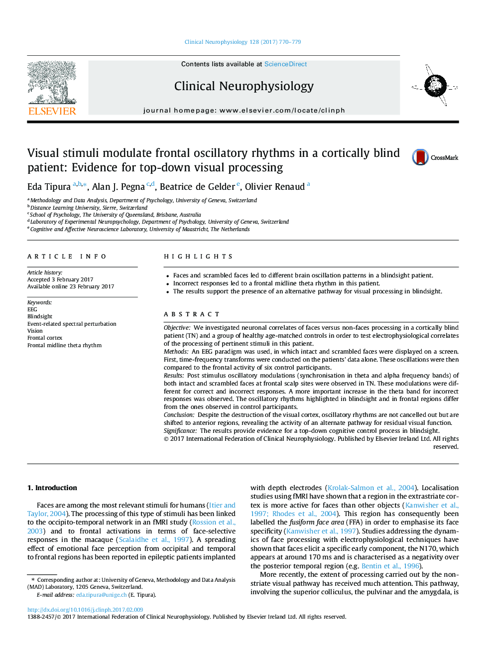 Visual stimuli modulate frontal oscillatory rhythms in a cortically blind patient: Evidence for top-down visual processing