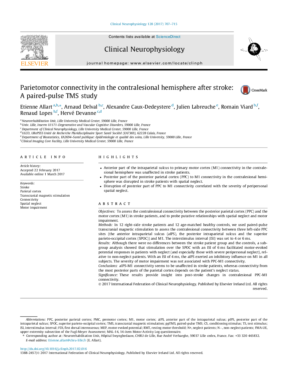 Parietomotor connectivity in the contralesional hemisphere after stroke: A paired-pulse TMS study