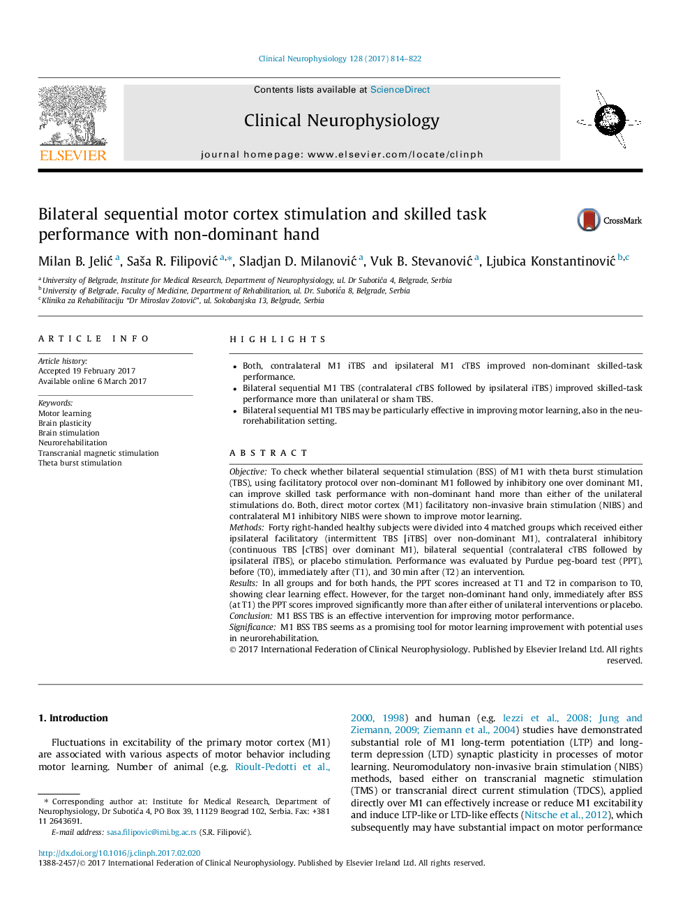 Bilateral sequential motor cortex stimulation and skilled task performance with non-dominant hand