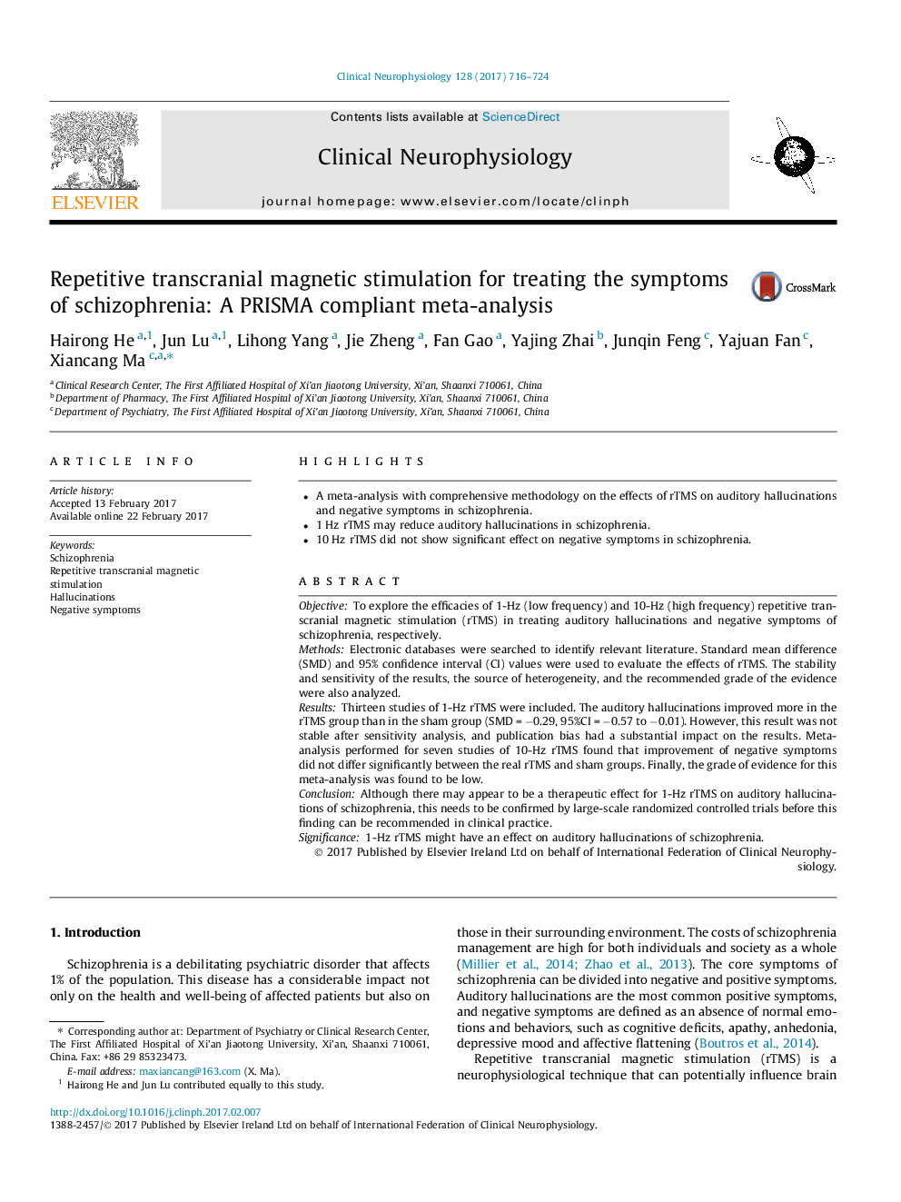 Repetitive transcranial magnetic stimulation for treating the symptoms of schizophrenia: A PRISMA compliant meta-analysis