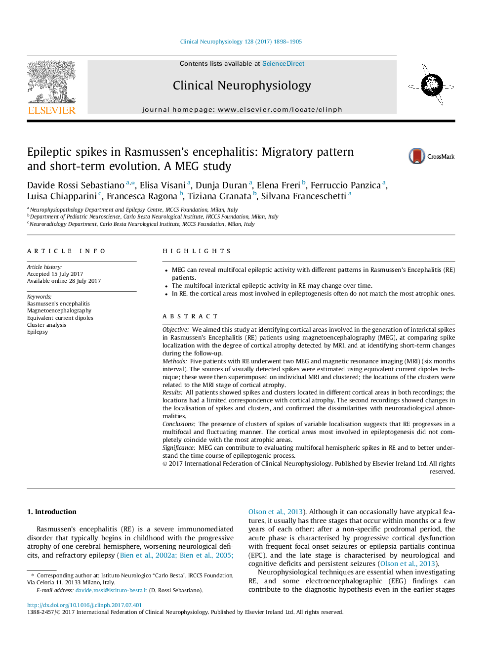 Epileptic spikes in Rasmussen's encephalitis: Migratory pattern and short-term evolution. A MEG study