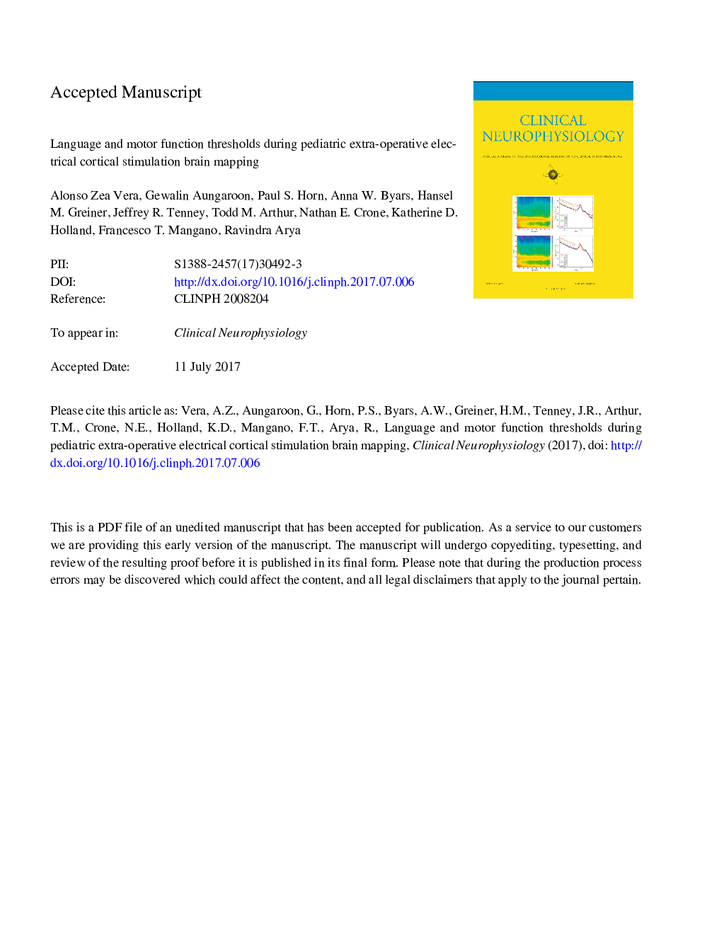 Language and motor function thresholds during pediatric extra-operative electrical cortical stimulation brain mapping