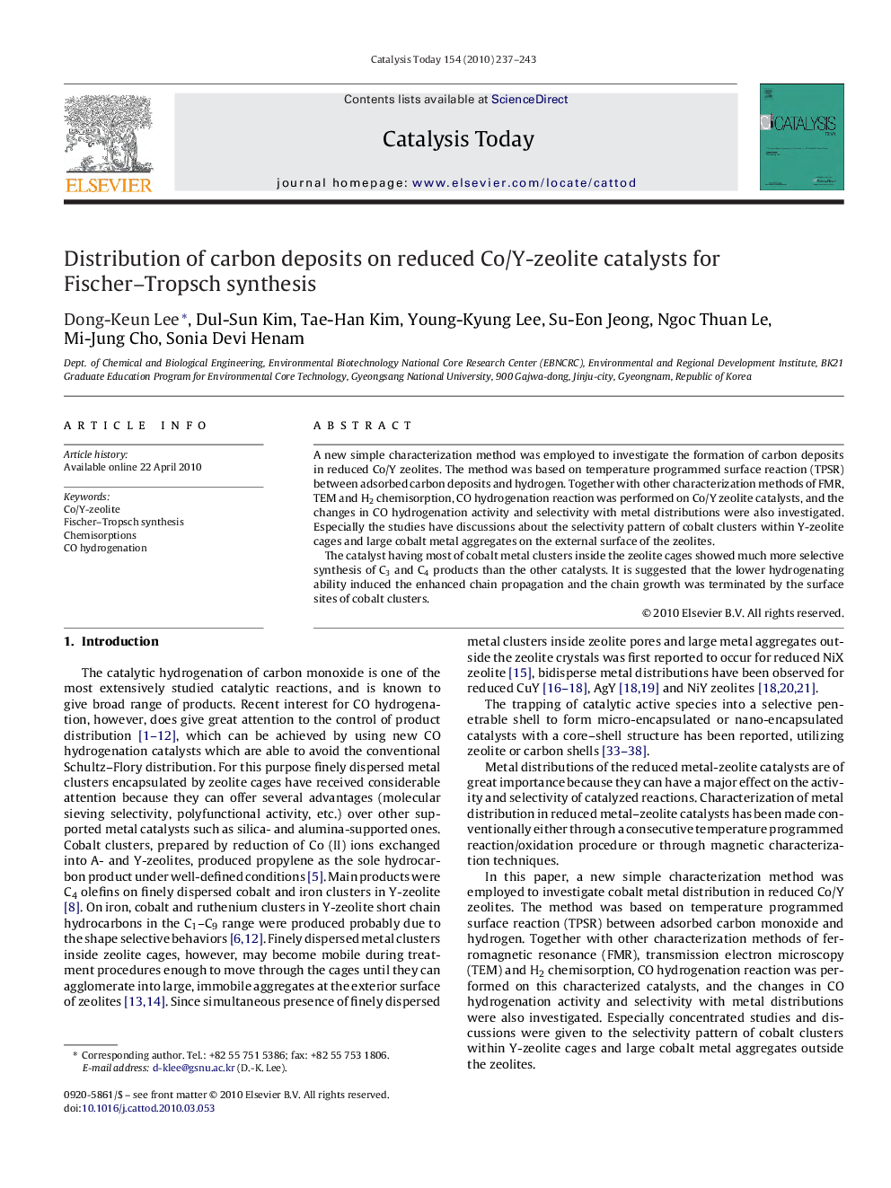 Distribution of carbon deposits on reduced Co/Y-zeolite catalysts for Fischer–Tropsch synthesis