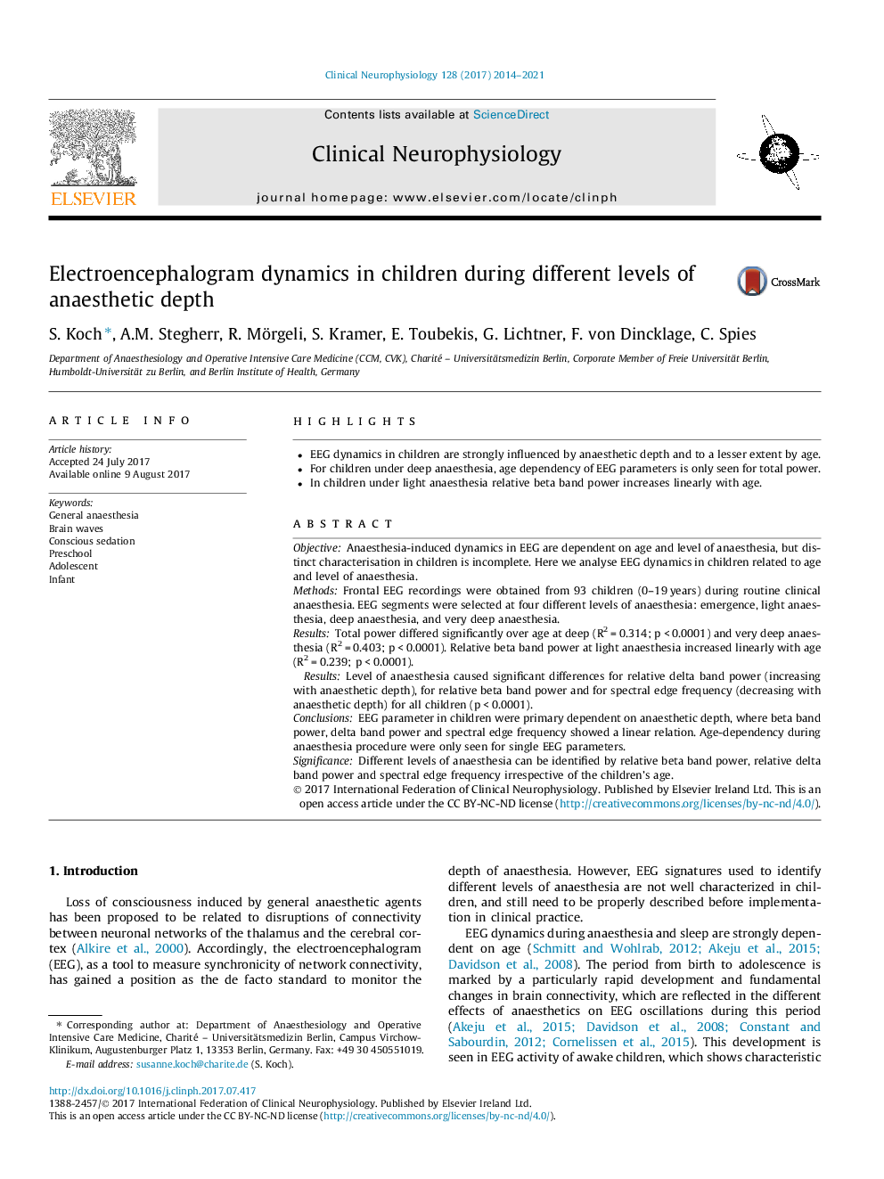 Electroencephalogram dynamics in children during different levels of anaesthetic depth