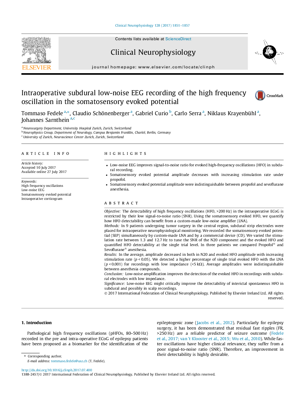 Intraoperative subdural low-noise EEG recording of the high frequency oscillation in the somatosensory evoked potential