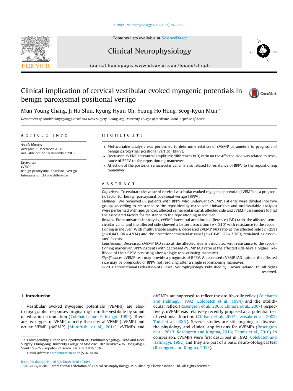 Clinical implication of cervical vestibular evoked myogenic potentials in benign paroxysmal positional vertigo