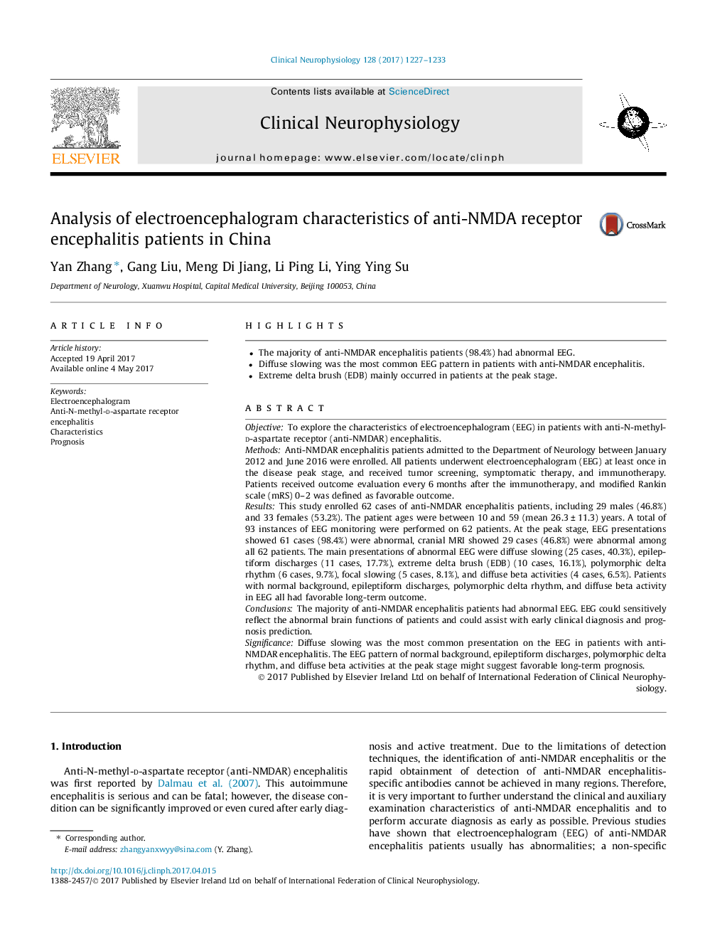 Analysis of electroencephalogram characteristics of anti-NMDA receptor encephalitis patients in China