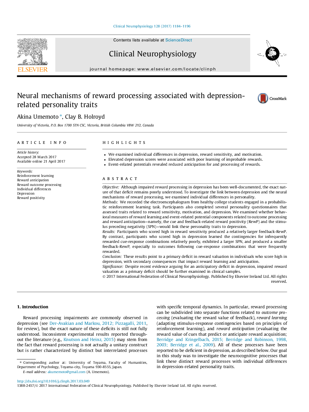 Neural mechanisms of reward processing associated with depression-related personality traits