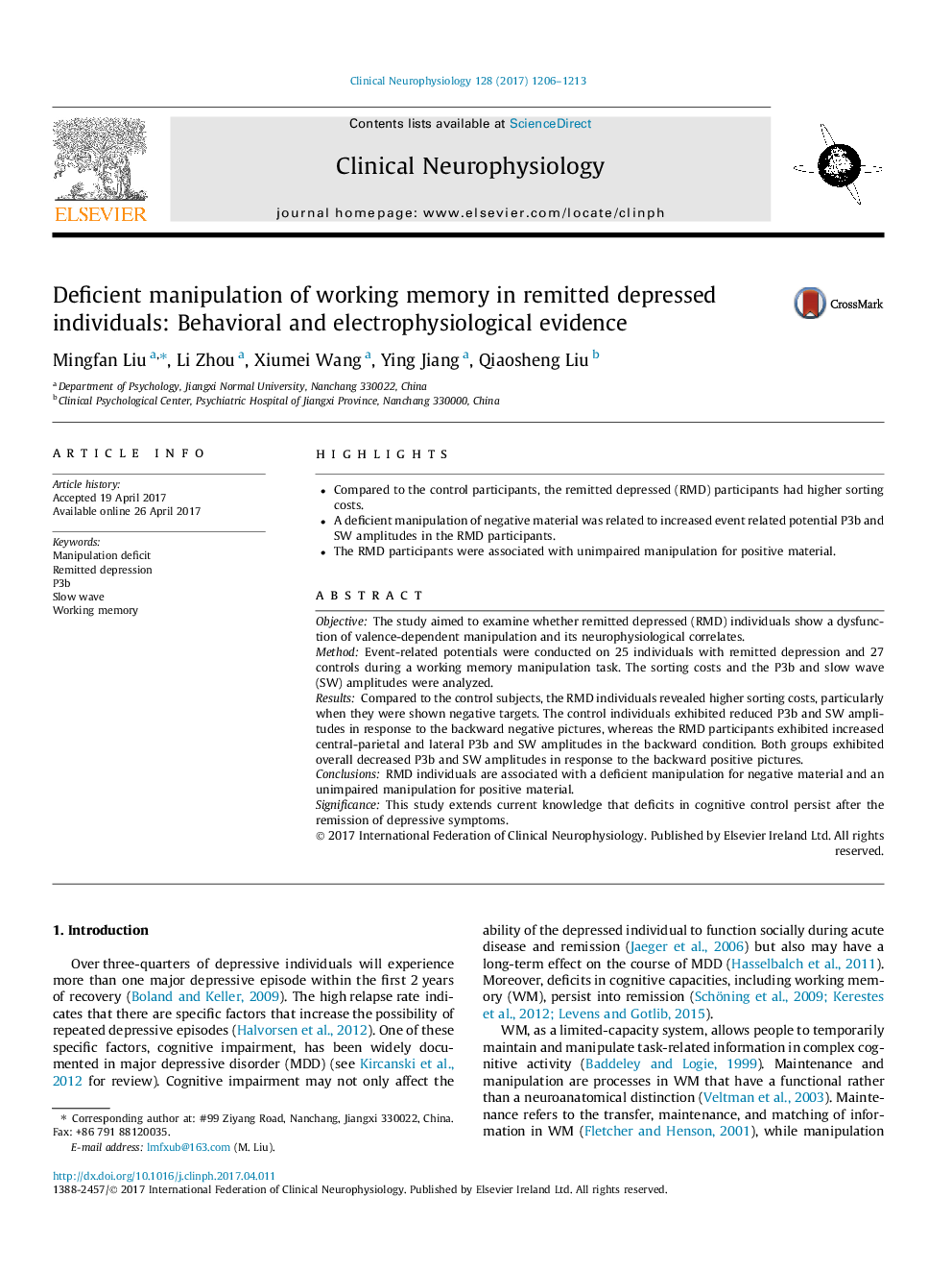 Deficient manipulation of working memory in remitted depressed individuals: Behavioral and electrophysiological evidence