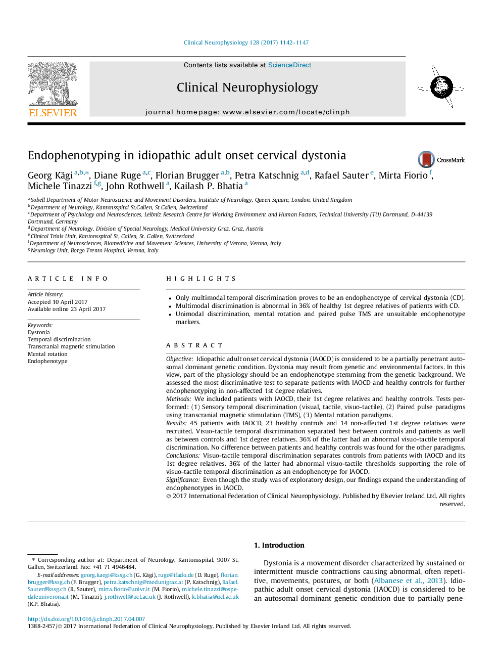 Endophenotyping in idiopathic adult onset cervical dystonia