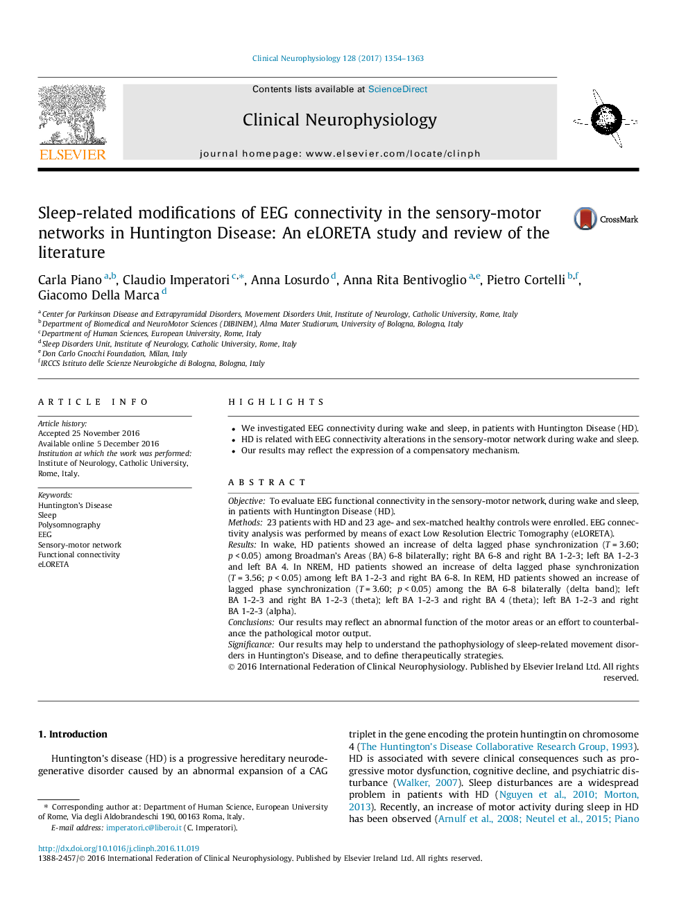 Sleep-related modifications of EEG connectivity in the sensory-motor networks in Huntington Disease: An eLORETA study and review of the literature