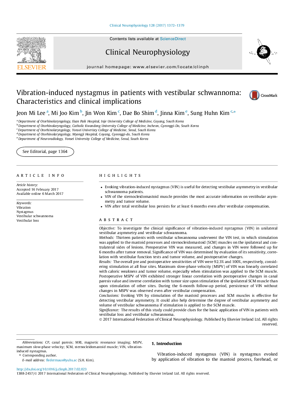 Vibration-induced nystagmus in patients with vestibular schwannoma: Characteristics and clinical implications