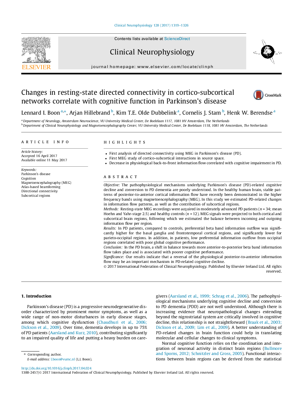 Changes in resting-state directed connectivity in cortico-subcortical networks correlate with cognitive function in Parkinson's disease