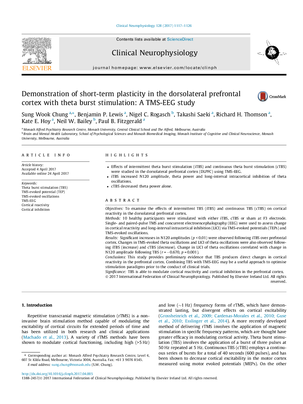 Demonstration of short-term plasticity in the dorsolateral prefrontal cortex with theta burst stimulation: A TMS-EEG study