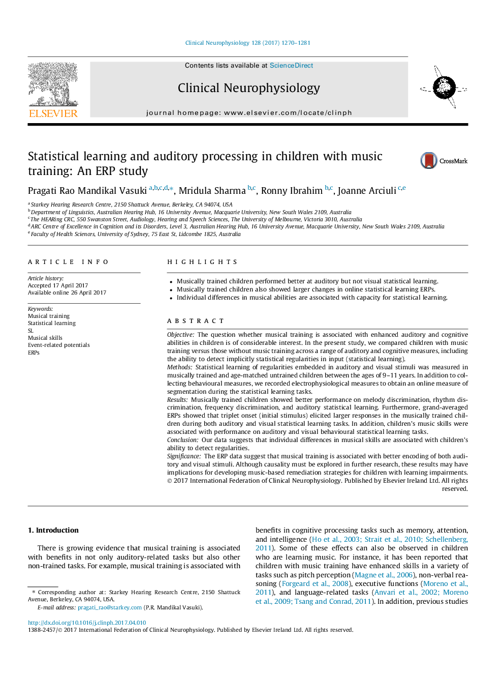 Statistical learning and auditory processing in children with music training: An ERP study