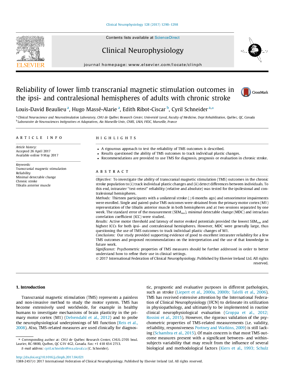 Reliability of lower limb transcranial magnetic stimulation outcomes in the ipsi- and contralesional hemispheres of adults with chronic stroke