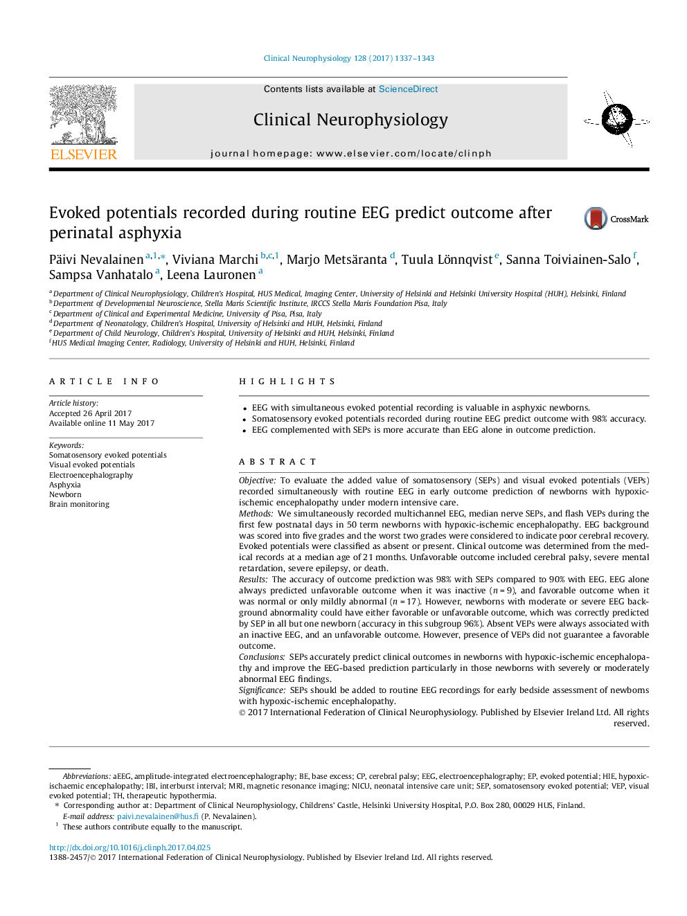 Evoked potentials recorded during routine EEG predict outcome after perinatal asphyxia