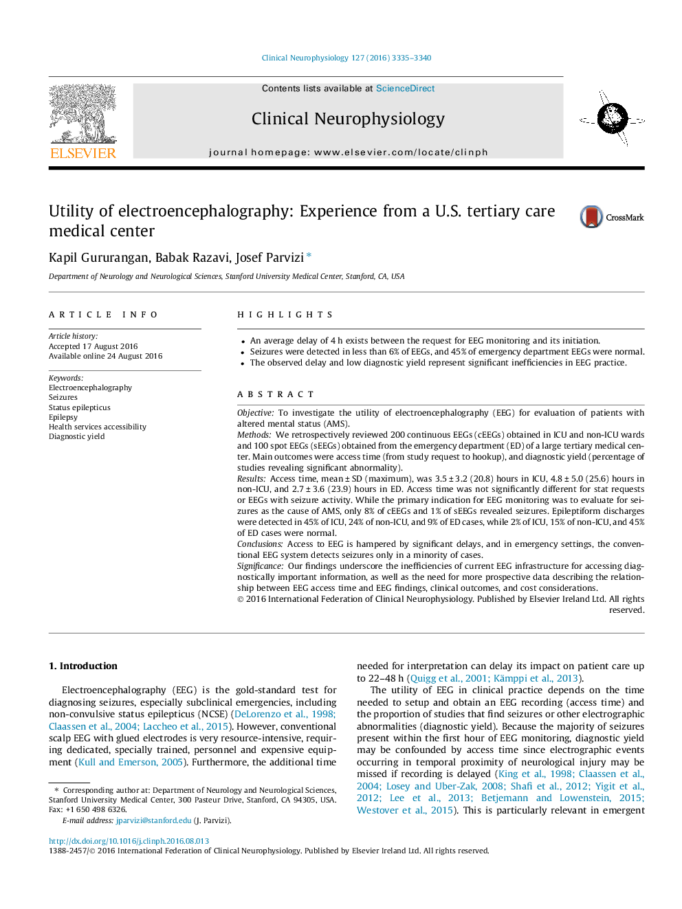 Utility of electroencephalography: Experience from a U.S. tertiary care medical center