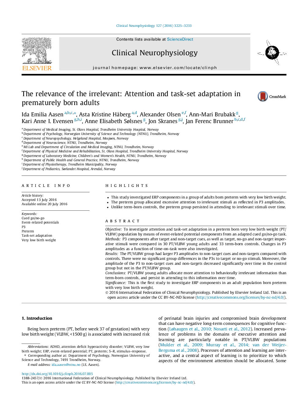 The relevance of the irrelevant: Attention and task-set adaptation in prematurely born adults