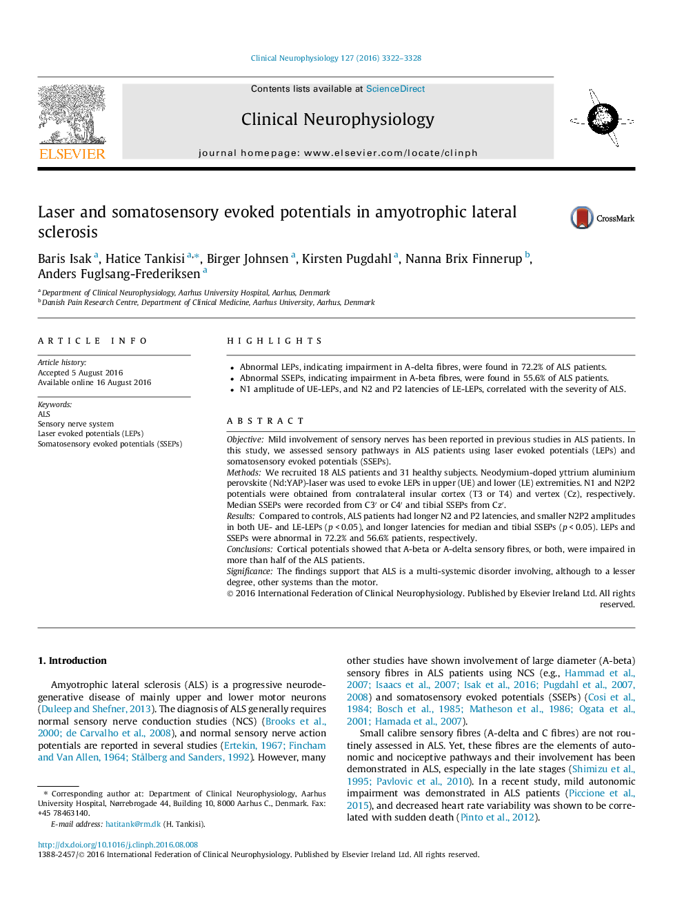 Laser and somatosensory evoked potentials in amyotrophic lateral sclerosis