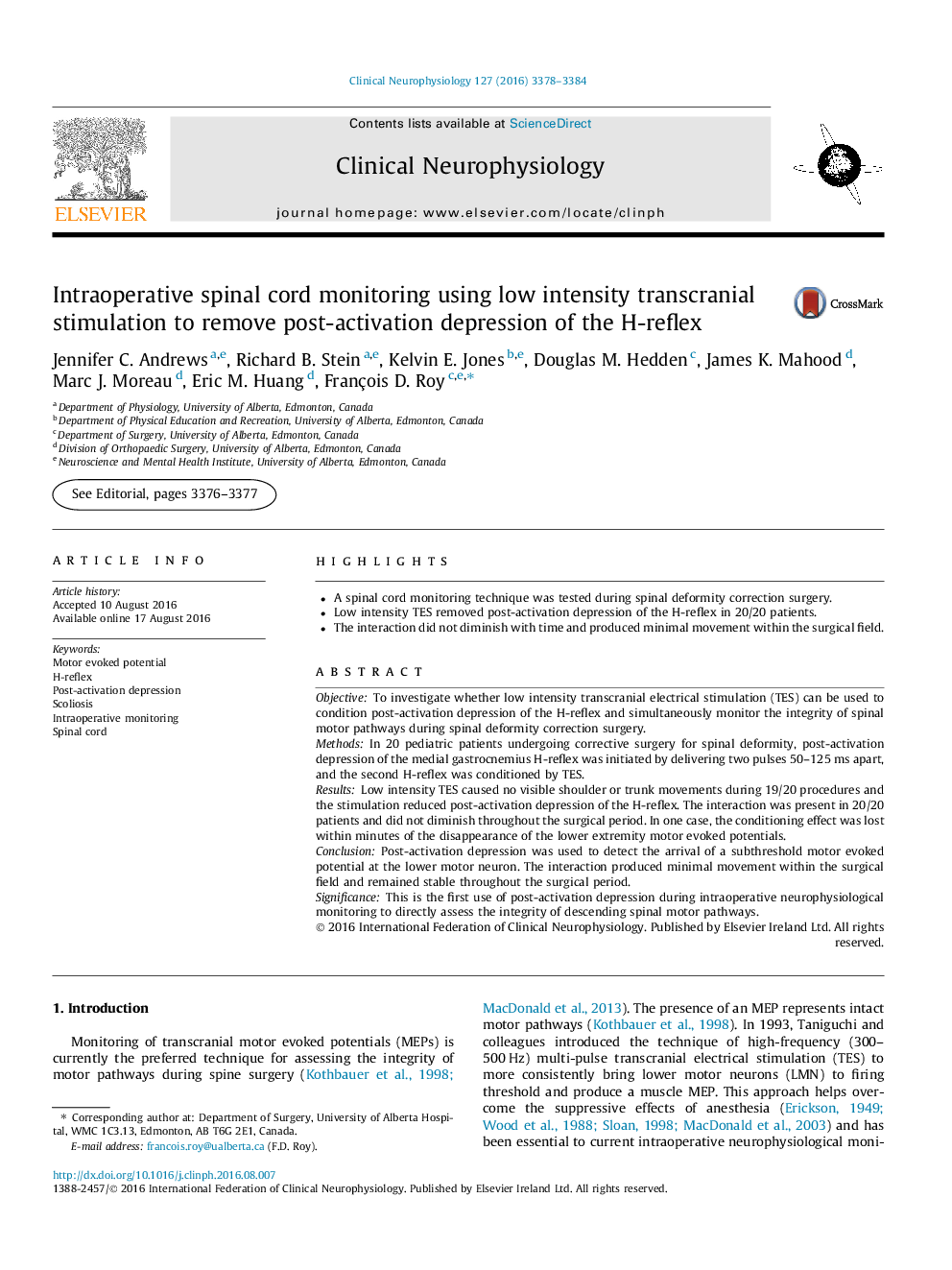 Intraoperative spinal cord monitoring using low intensity transcranial stimulation to remove post-activation depression of the H-reflex